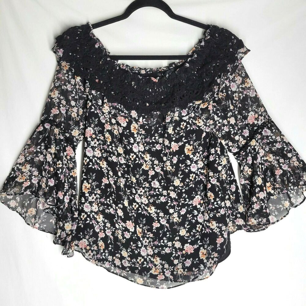 White House Black Market Off-The-Shoulder Blouse Floral-Print Crochet Trim Large